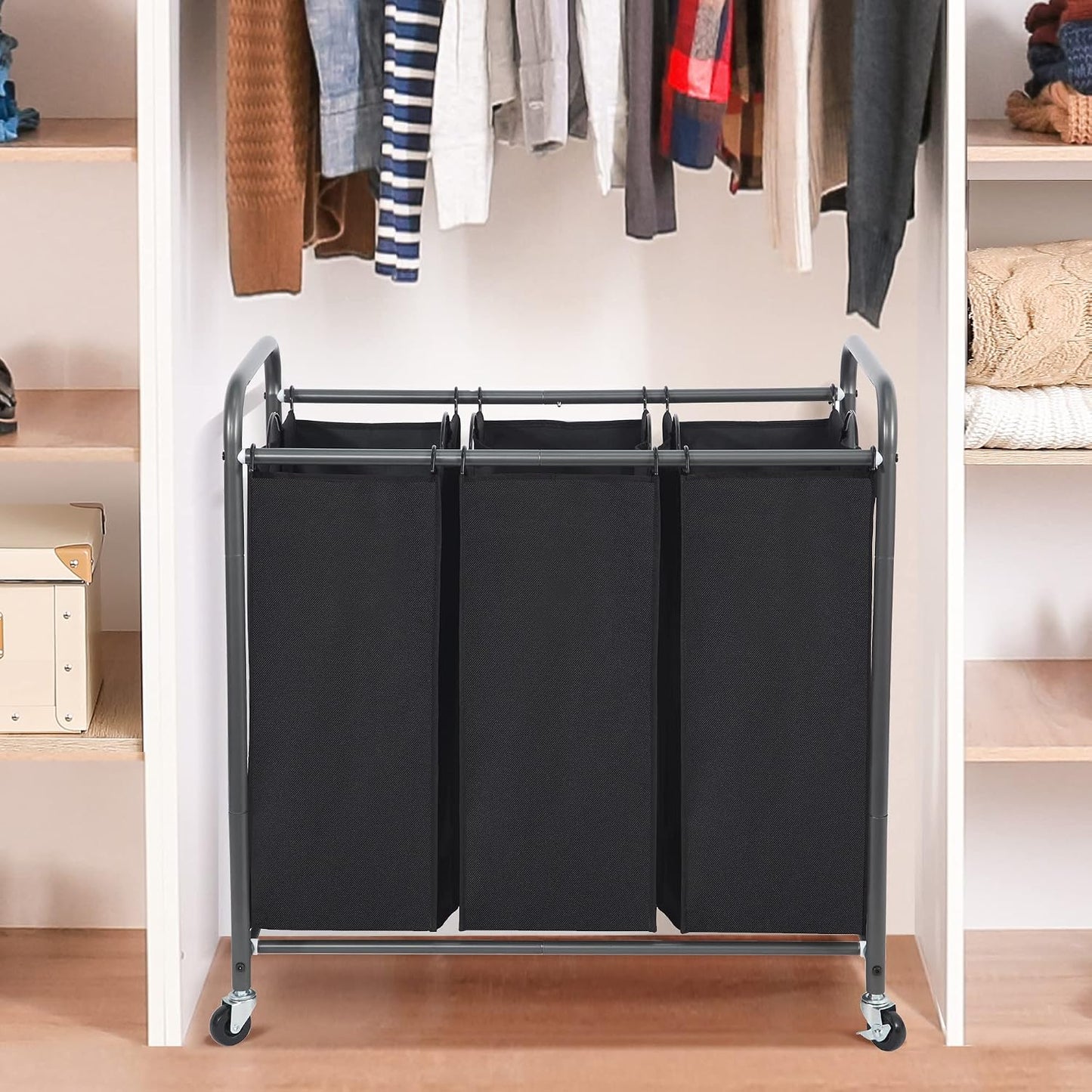 STO STO Laundry Sorter 3 Section, 3 Bag Clothes Hamper, Rolling Laundry Cart Basket with Heavy Duty Lockable Wheels and Removable Bag for Laundry Room, Bedroom, Closet, Gray