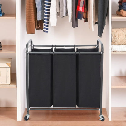 STO STO Laundry Sorter 3 Section, 3 Bag Clothes Hamper, Rolling Laundry Cart Basket with Heavy Duty Lockable Wheels and Removable Bag for Laundry Room, Bedroom, Closet, Gray