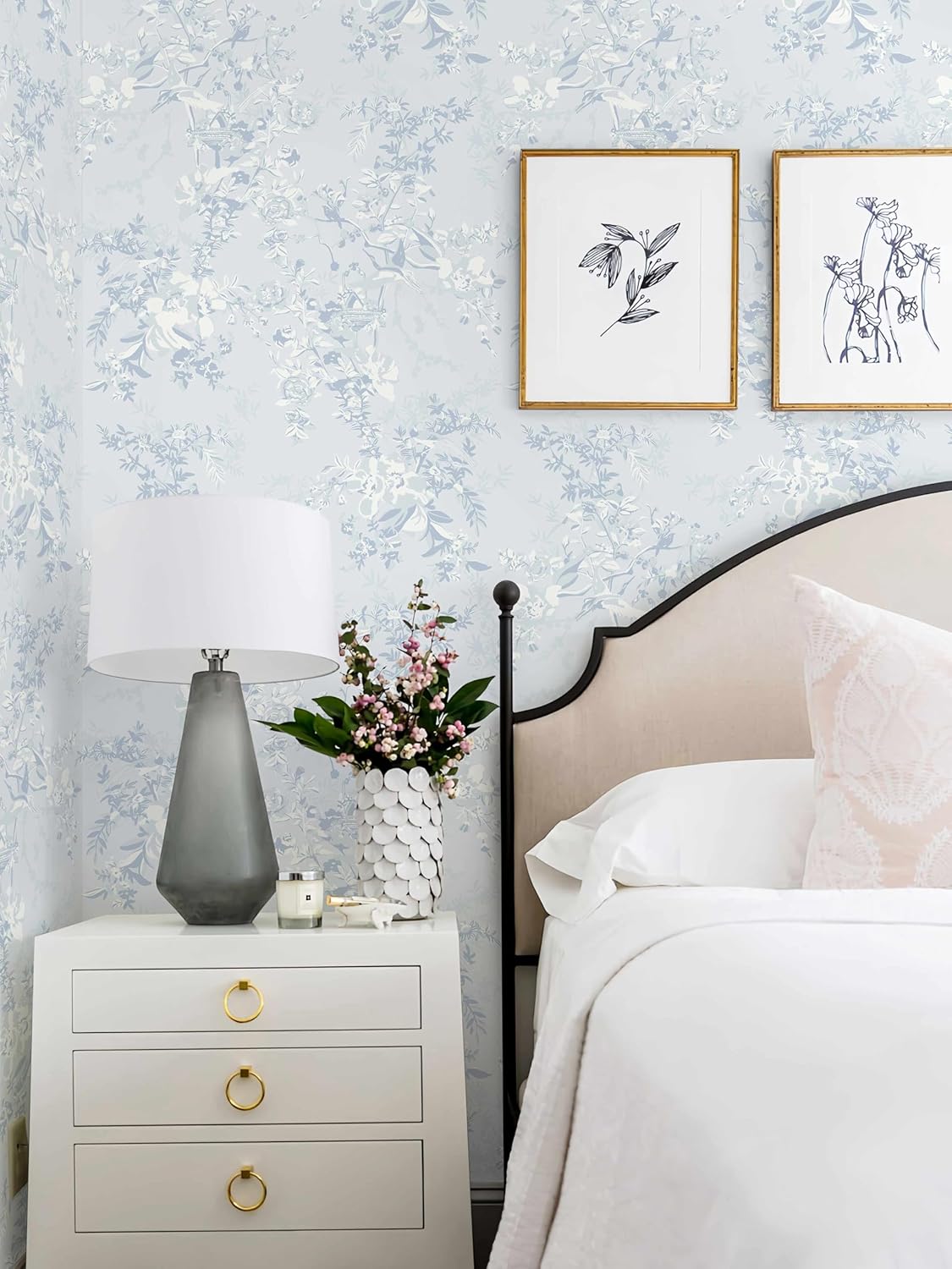 Dimoon 17.3''x78.7'' Vintage Peel and Stick Wallpaper Boho Beige Neutral Contact Paper White Floral Bird Wallpaper Removable Botanical Renter Friendly Modern Wall Paper Bedroom Bathroom Vinyl Roll