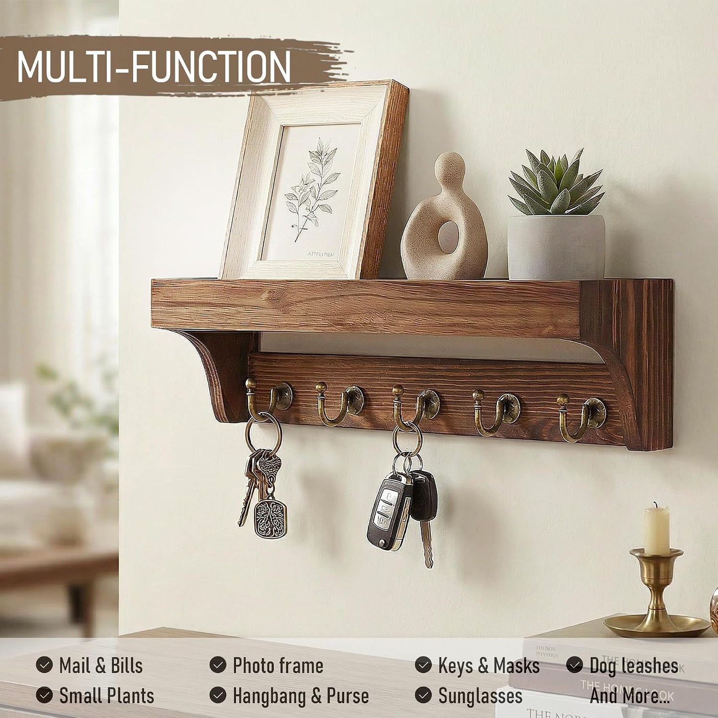 Rebee Vision Farmhouse Key Holder for Wall - Decorative Wooden Mail Organizer with 5 Rustic Key Hooks and Floating Shelf for Home Decor, Hallway, Entryway, Appartment (Retro Brown)