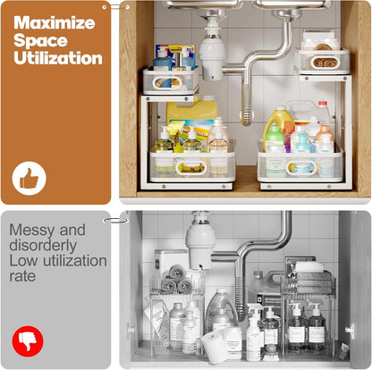 2 Pack Under Sink Organizer With Smooth Cylindrical Rail,2-Tier Pull Out Multi-Purpose Cabinet Storage for Bathroom&Kitchen,Height Adjustable,Rust-resistant Coating-White