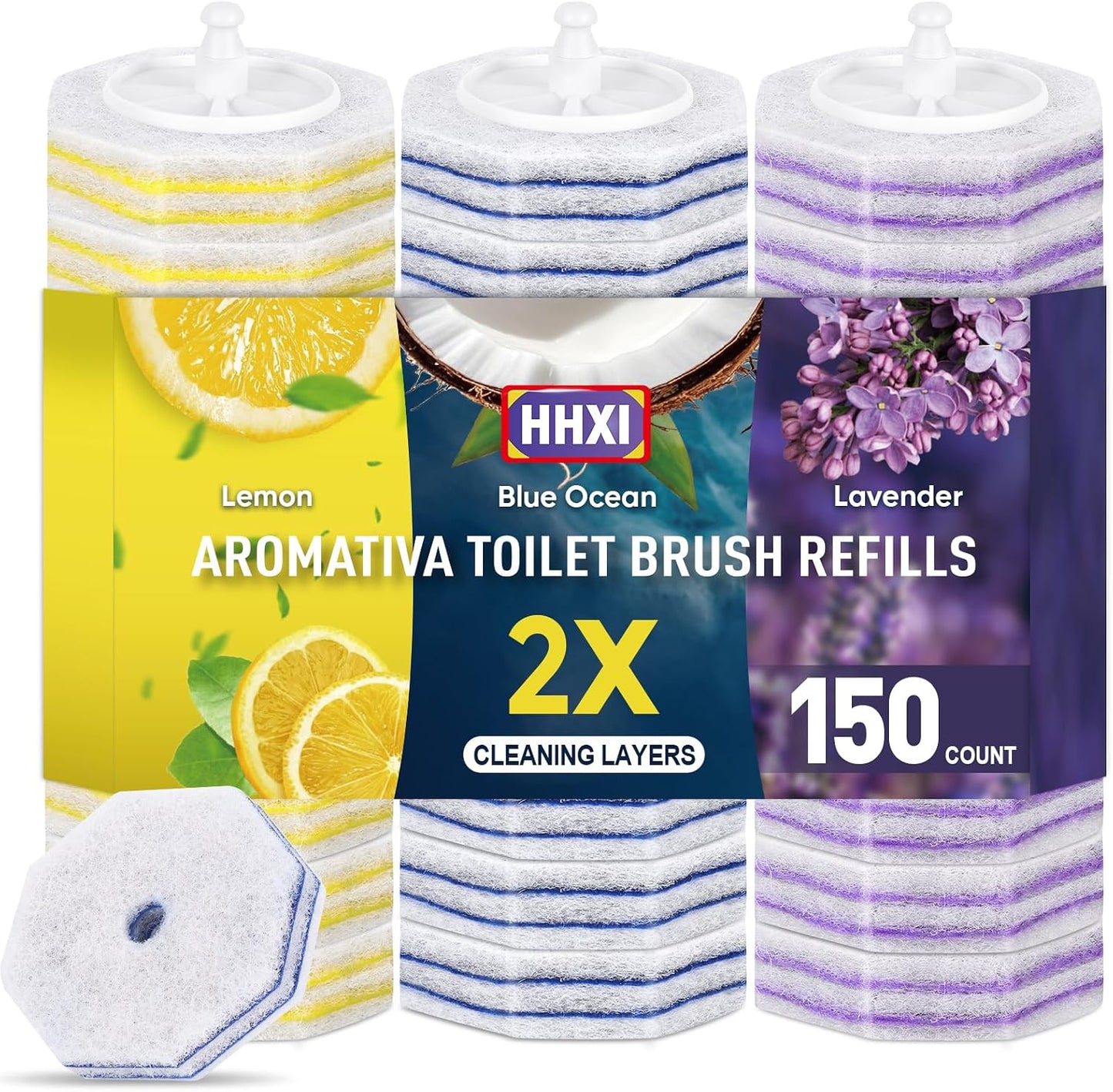 15Ct Aromative Toilet Brush Refills, Toilet Bowl Cleaner Refills, Double-Layer Cleaning Pads Added, Disposable Refill Heads for Toilet Bowl Cleaner Wands，Lemon, Blue Ocean, Lavender （Patented）