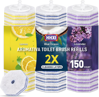 15Ct Aromative Toilet Brush Refills, Toilet Bowl Cleaner Refills, Double-Layer Cleaning Pads Added, Disposable Refill Heads for Toilet Bowl Cleaner Wands，Lemon, Blue Ocean, Lavender （Patented）