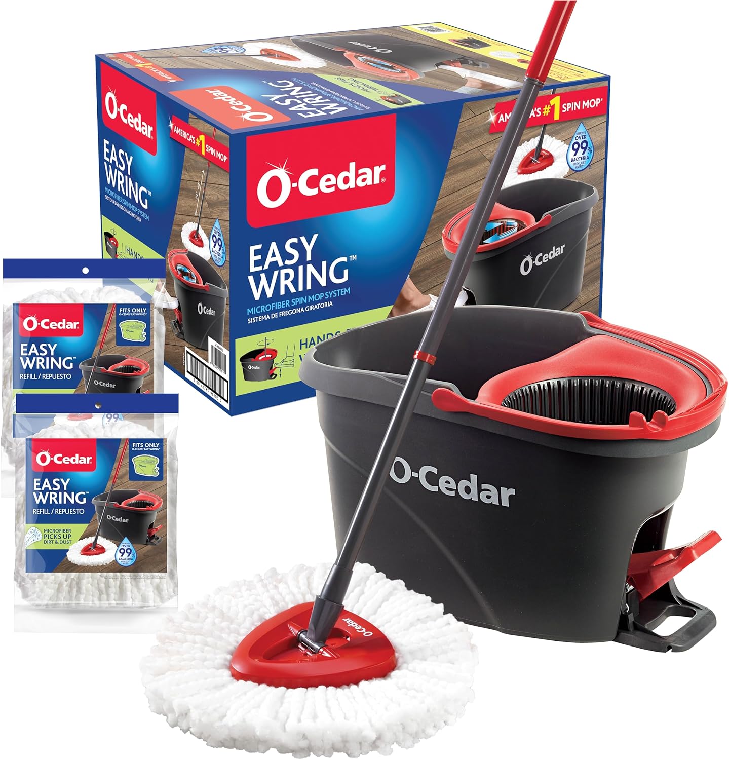 O-Cedar Easywring Microfiber Spin Mop & Bucket Floor Cleaning System + 3 Extra Refills (4 Refills Included)