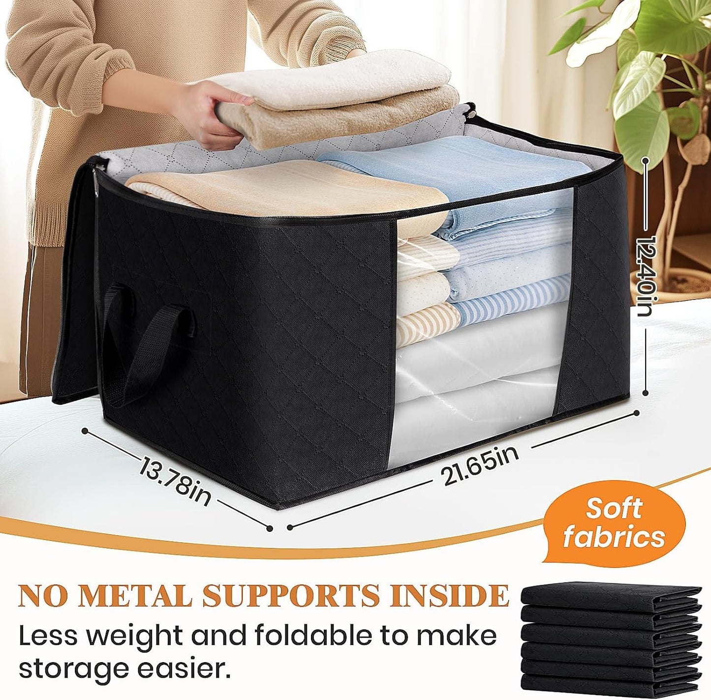 Fab totes 6 Pack Storage Bags for Clothes and Blanket, Foldable Closet Organizers and Storage with Zippers, Clear Window and Handles, Fabric Storage Bins for Sweater, Comforter, Bedding,Linen Sheets