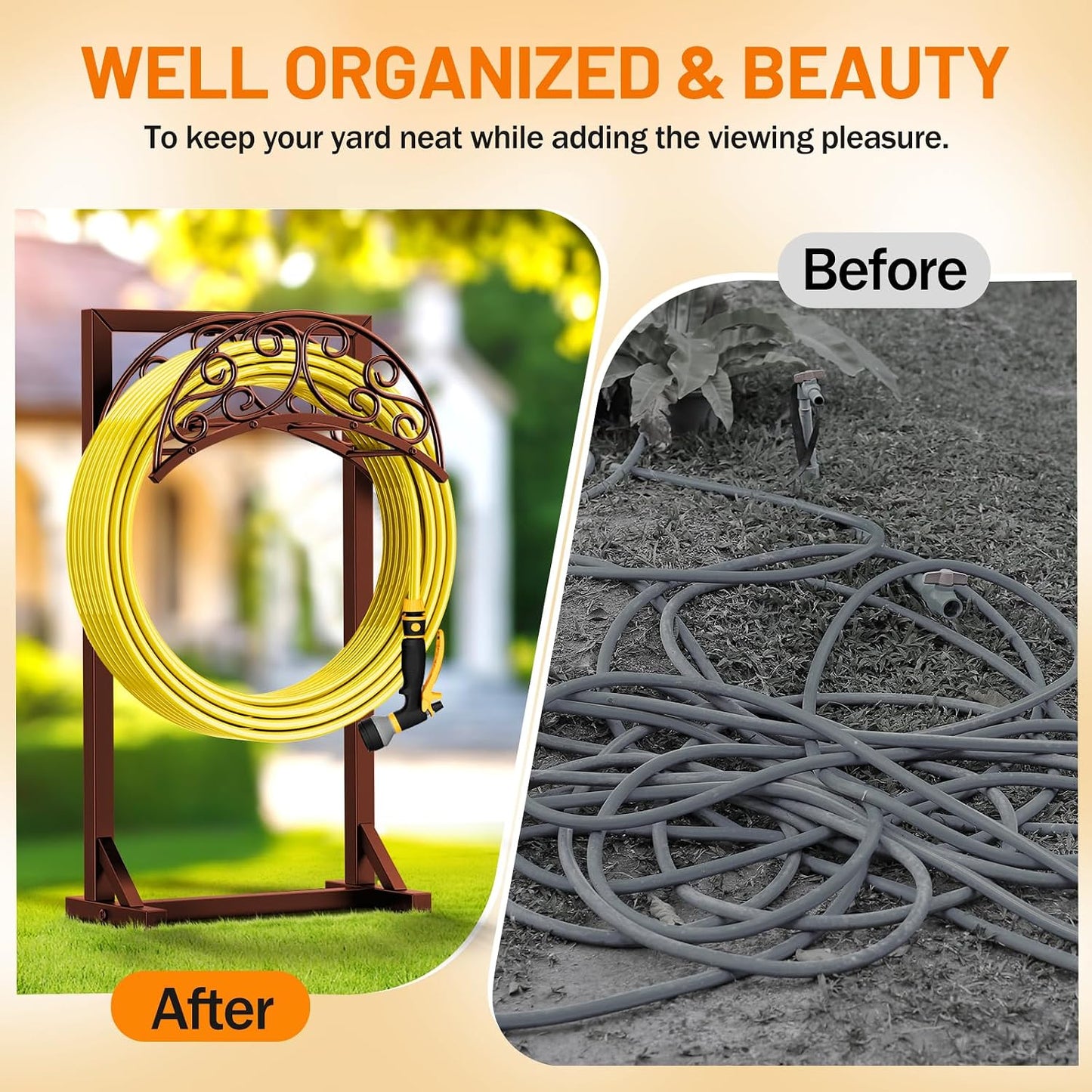 Garden Hose Holder for Outside - Upgraded Water Hose Holders with 5 Spikes & 2 Shepherds Hooks, Freestanding Hose Stand Heavy Duty Hose Hanger Hose Storage Hose Reel Rack for Outside Yard Lawn