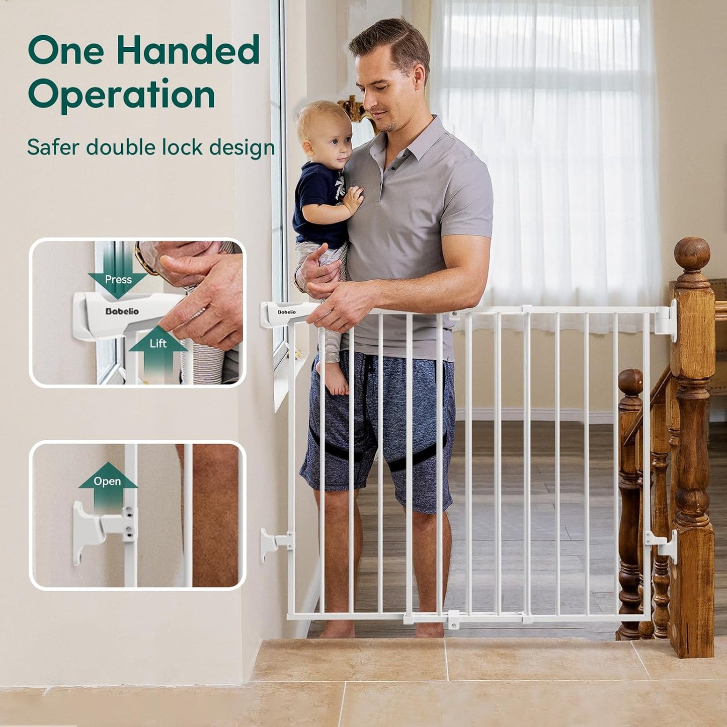 Babelio Baby Gate for Stairs, Kitchen & Doorways, No Bottom Bar| One-Handed Operation| Auto-Close| Hardware Mount (Drill Needed) Safety Dog/Pet Gate (Black - B17, 26-43" W, 28" H)