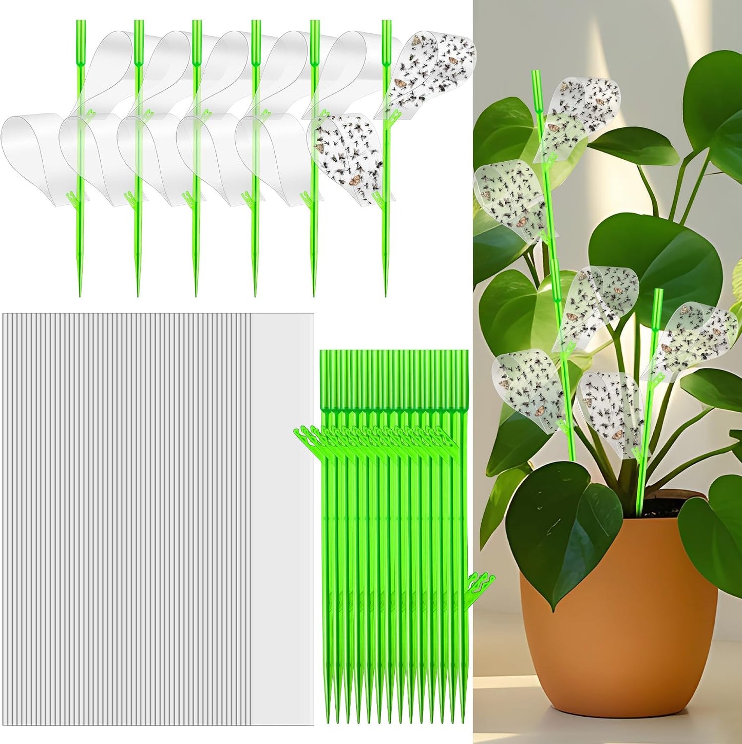 100 Pcs Gnat Sticky Traps for Plants, Sticky Traps for Gnats with 20 Stakes to Control, Aphids, Plant Bug, Mosquito Bits and Whiteflies(Green)