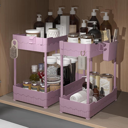 Sevenblue 2 Pack Under Sink Organizer, Under Bathroom Cabinet Organizer with Hooks Hanging Cup, Multi-Purpose Storage Shelf for Kitchen Bathroom, Black