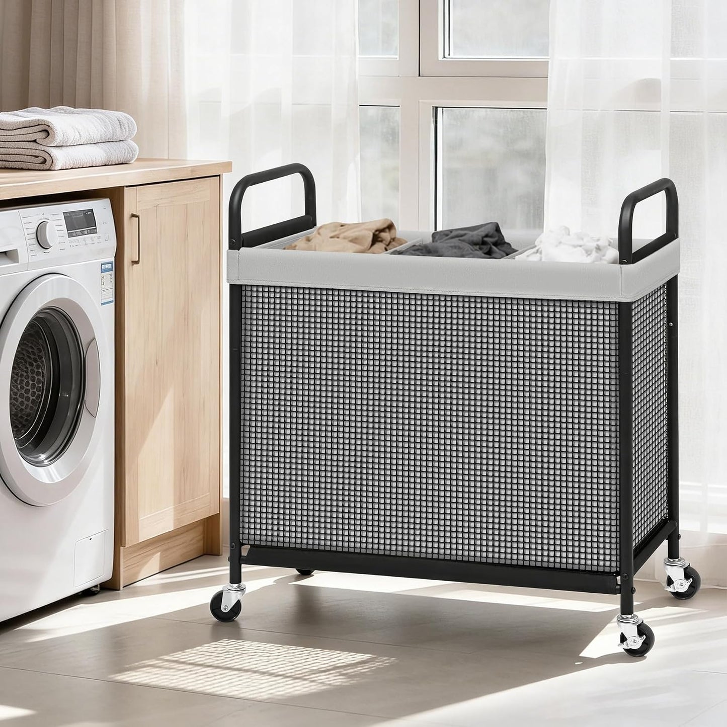 STORAGE MANIAC Rolling Laundry Hamper with Wheels 3-Section Laundry Sorter Rolling Laundrys Basket on Wheels with Removable Bag Clothes Hamper Laundrys Organizer Cart Bathroom Bedroom 120L Beige