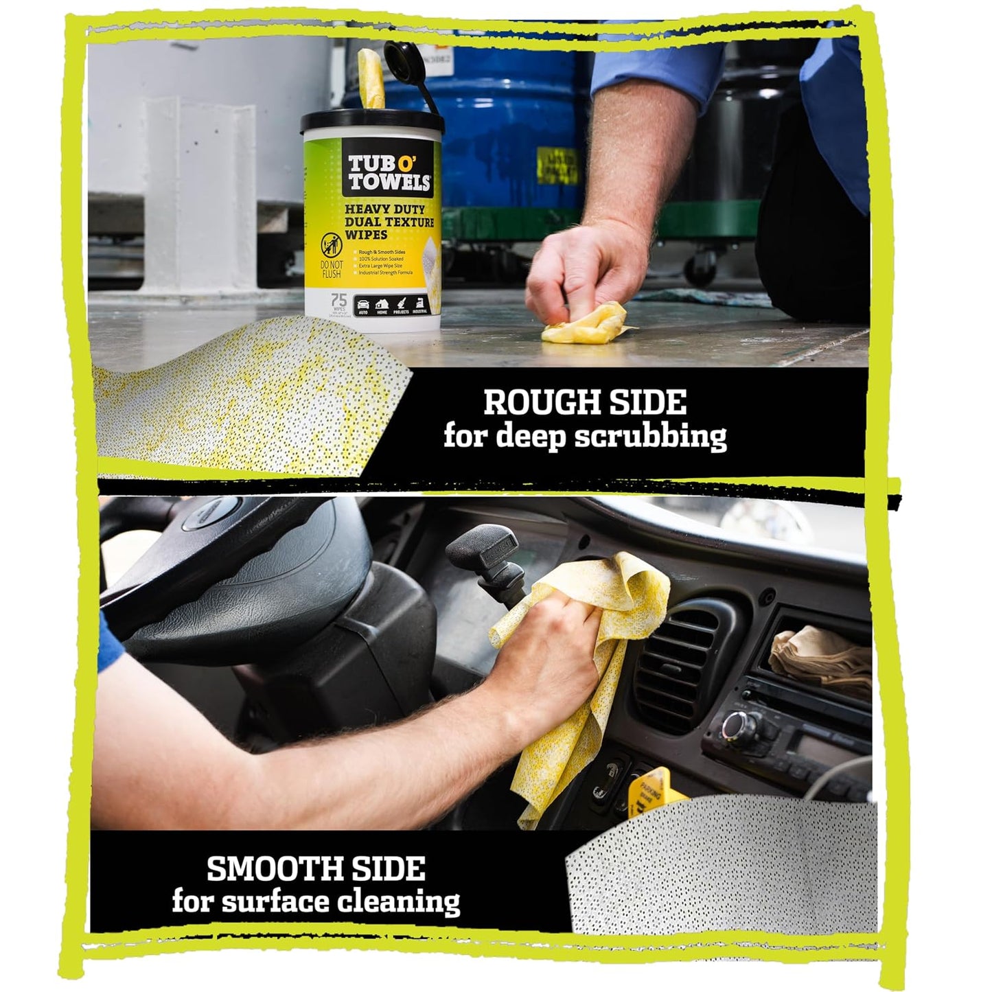 Tub O' Towels TW75 Heavy-Duty Multi-Surface Cleaning Wipes, Pack of 1 – XL 10" x 12" Dual-Texture Wipes – Helps Remove Grease, Oil, Tar, Paint, Ink & Tough Messes – For Home, Garage, Auto & Workshop