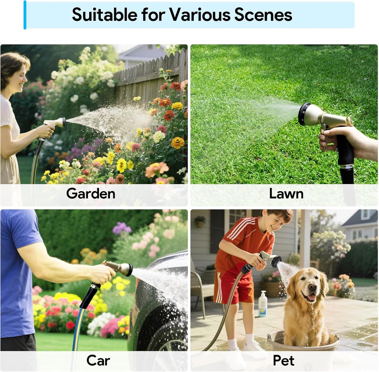 Garden Hose Nozzle, Heavy Duty Metal Spray Nozzle | Upgraded, High Pressure, Adjustable Spray Patterns, For Watering Plants, Car Washing, Pet Showering