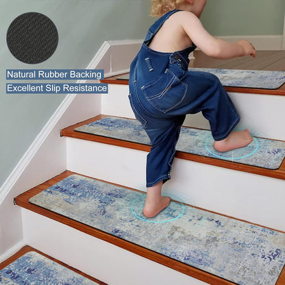 Tiveney Stair Treads Non Slip for Wooden Steps, 15PCS 8"x30" Grey Rubber Backing Stair Runner Mats, Washable Reusable Carpet for Stairs Rugs Indoor Safety Staircase Step Treads for Kids Elders Dogs