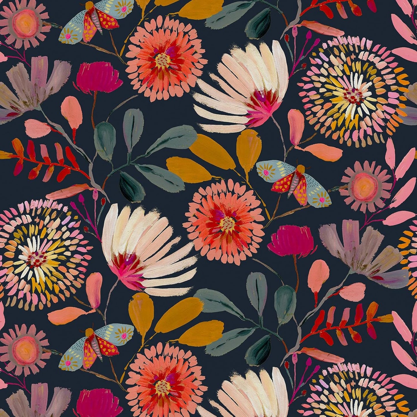 Wallpaper Peel and Stick Floral Wall Paper Removable Waterproof Navy/Pink/Orange Contact Paper for Bedroom, Bathroom,Bathroom, Home Wall 17.3" x 118"