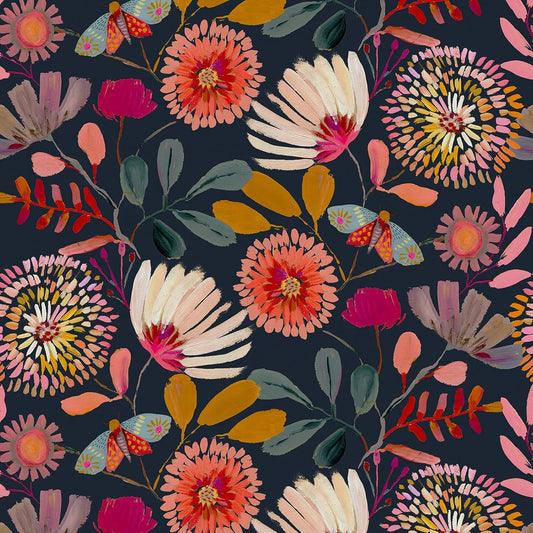 Wallpaper Peel and Stick Floral Wall Paper Removable Waterproof Navy/Pink/Orange Contact Paper for Bedroom, Bathroom,Bathroom, Home Wall 17.3" x 118"
