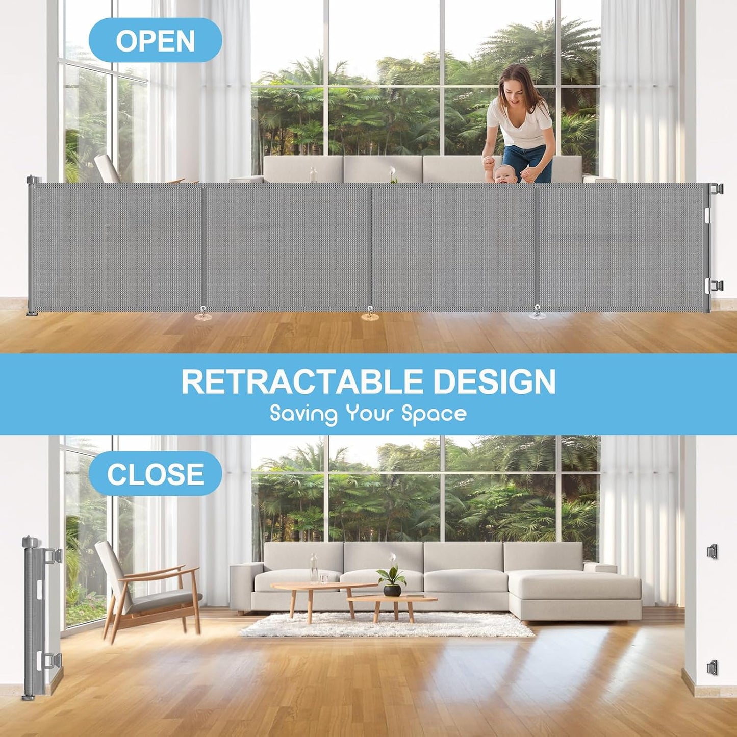 71 inch Retractable Baby Gates, EZIGO Extra Wide Baby Gate for Large Opening Extra Long Mesh Gate for Kids or Pet Dog Gate Child Safety Gate for Stairs Hallways Doorway Indoor Outdoor, Gray