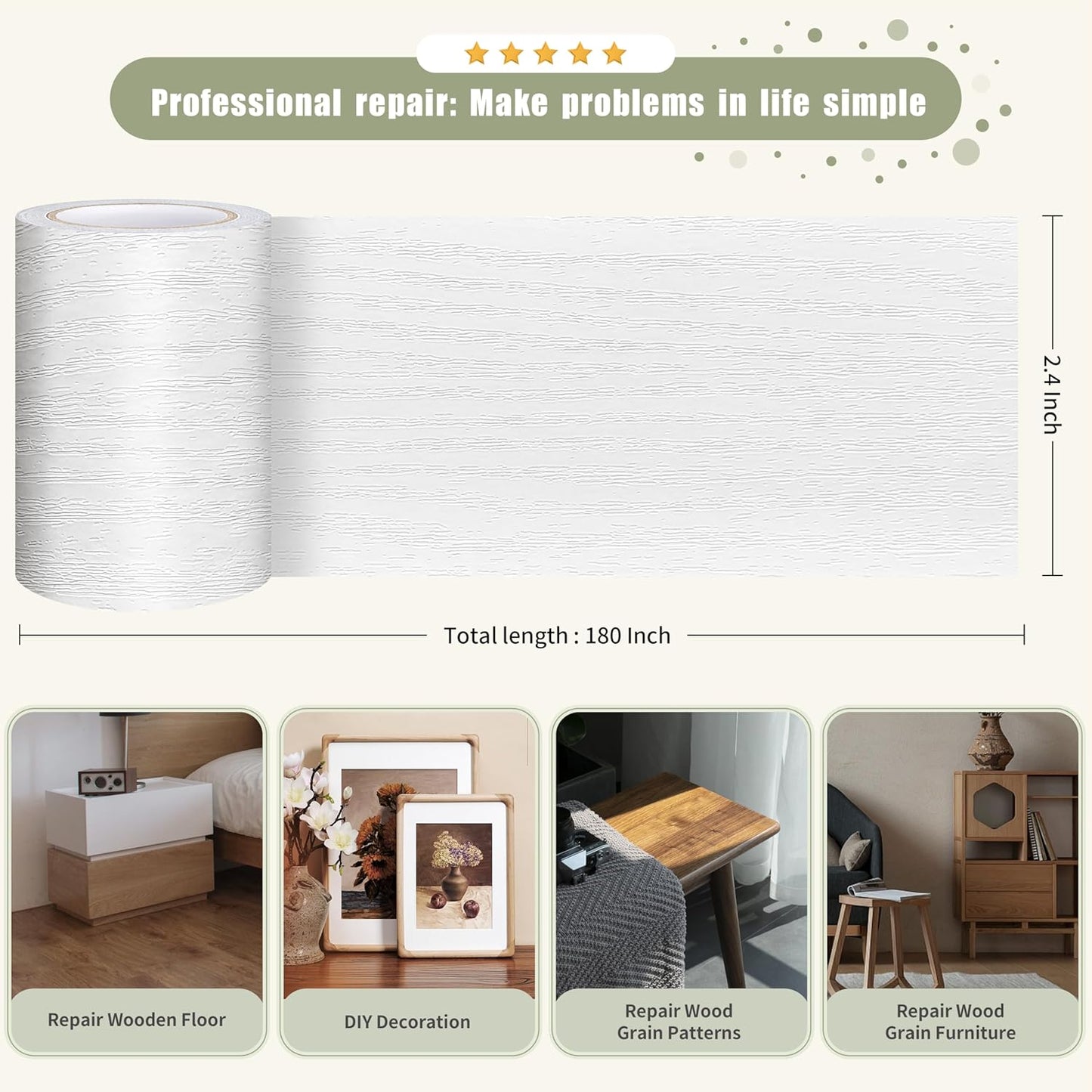 Besezx Wood Grain Repair Tape, 2.4" X15', Self Adhesive Wood Grain Repair Patch for Tables, Chairs, Baseboards, Doors, Windows, Floors, All Kinds of Furniture Renovation, Handicraft DIY. (Natural oak)