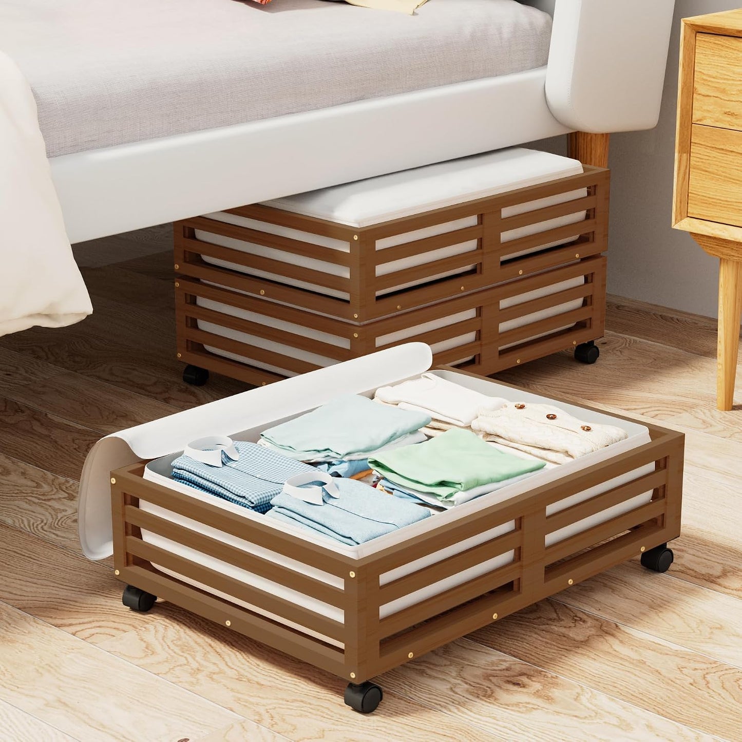 Wisuce 2 Packs Bamboo Under Bed Storage Organizer with Wheels White Small | 360° Lockable Wheels,120lbs Load Capacity, Multi-scene ,Dustproof Clear Storage Bag, Large Capacity,Easy Quick Assembly