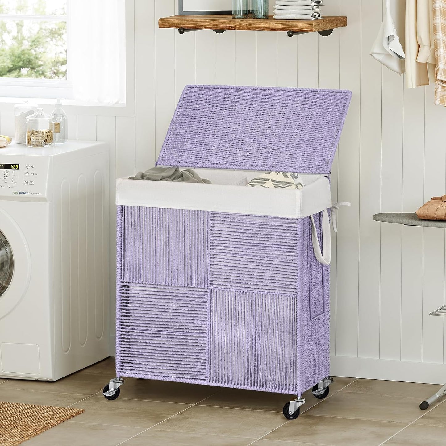 WOWLIVE Double Laundry Hamper with Lid, Handwoven Rolling Laundry Basket with Wheels, 115L Dirty Clothes Hamper with Removable Liner Bag Large Capacity Laundry Sorter Laundry Room Organization,Natural