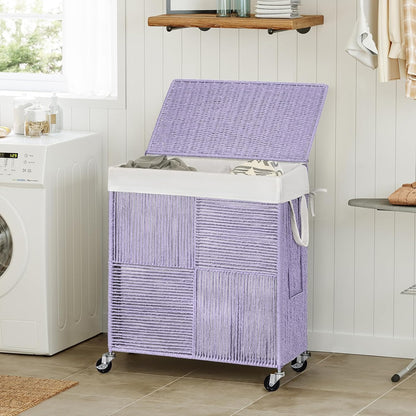 WOWLIVE Double Laundry Hamper with Lid, Handwoven Rolling Laundry Basket with Wheels, 115L Dirty Clothes Hamper with Removable Liner Bag Large Capacity Laundry Sorter Laundry Room Organization,Natural