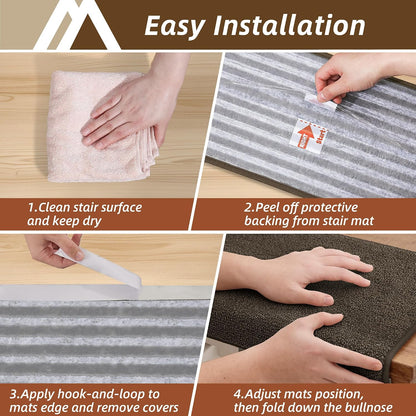 COSY HOMEER Bullnose Carpet Stair Treads, Peel and Stick Non-Slip Stair Treads for Wooden Steps, 11" x 30" Indoor Stair-Runner Rugs (4Pc, Gray)