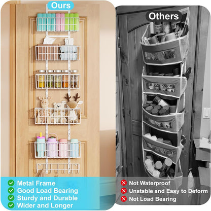 Hongtamoya Over The Door Organizer, Hanging Door Organizer with 5 Metal Baskets, Behind The Door Storage for Pantry Closet Bedroom Bathroom Cabinet Kitchen, White