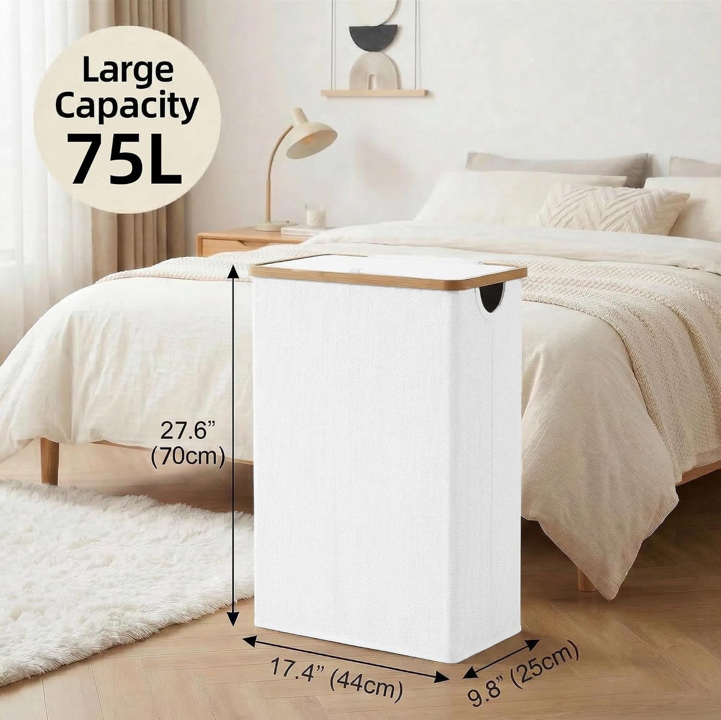 efluky Slim Laundry Basket with Lid, Narrow Laundry Hamper with Removable Bag, Skinny Dirty Clothes Basket with Bamboo Handles for Bathroom, Bedroom & Laundry Room, 75L Beige