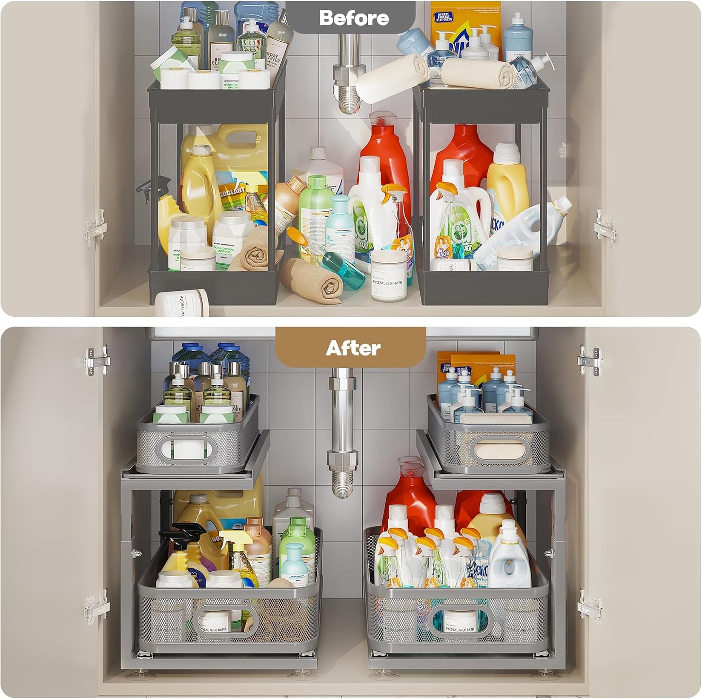 2 Pack 18.5IN-Depth Under Sink Organizer With Next-Gen Ball-Bearing Slides,2-Tier Precision Mesh Pull Out Cabinet Storage for Bathroom&Kitchen,Height Adjustable Drawers Shelf,Anti-rust-White