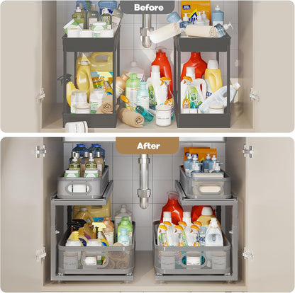 2 Pack 18.5IN-Depth Under Sink Organizer With Next-Gen Ball-Bearing Slides,2-Tier Precision Mesh Pull Out Cabinet Storage for Bathroom&Kitchen,Height Adjustable Drawers Shelf,Anti-rust-White