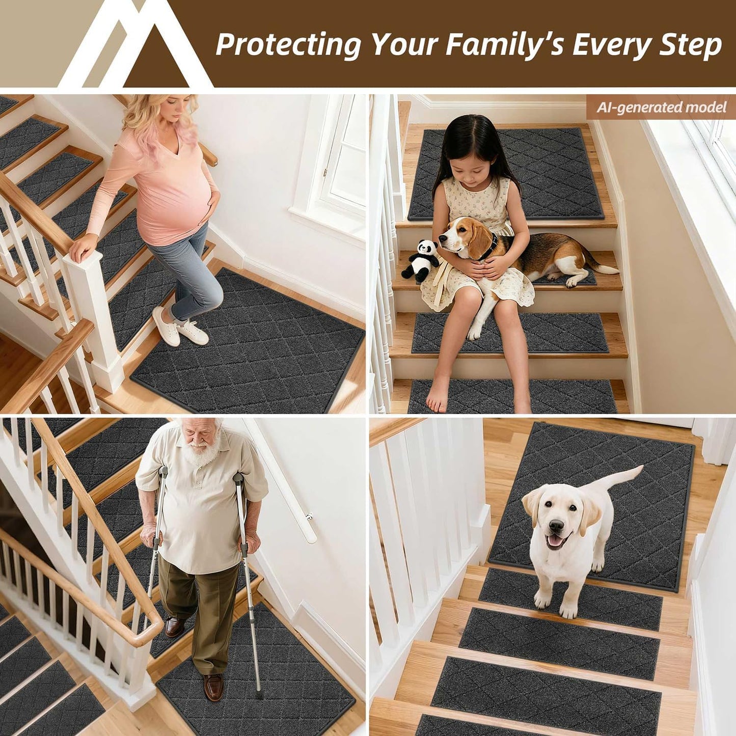 COSY HOMEER Edging Stair Treads Non-Slip Carpet Mat 28inX9in Indoor Stair Runners for Wooden Steps, Edging Stair Rugs for Kids and Dogs, 100% Polyester TPE Backing(4pc, Beige)