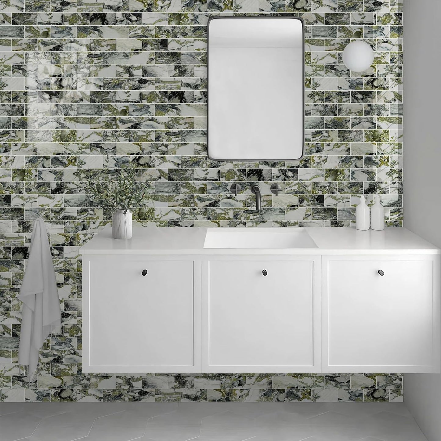 Vamos Tile 100-Piece Glossy Dolomite White Peel and Stick Backsplash Tile,3''x6'' PVC Subway Tile with White Grout, Stick on Backsplash for Kitchen/Bathroom/Fireplace