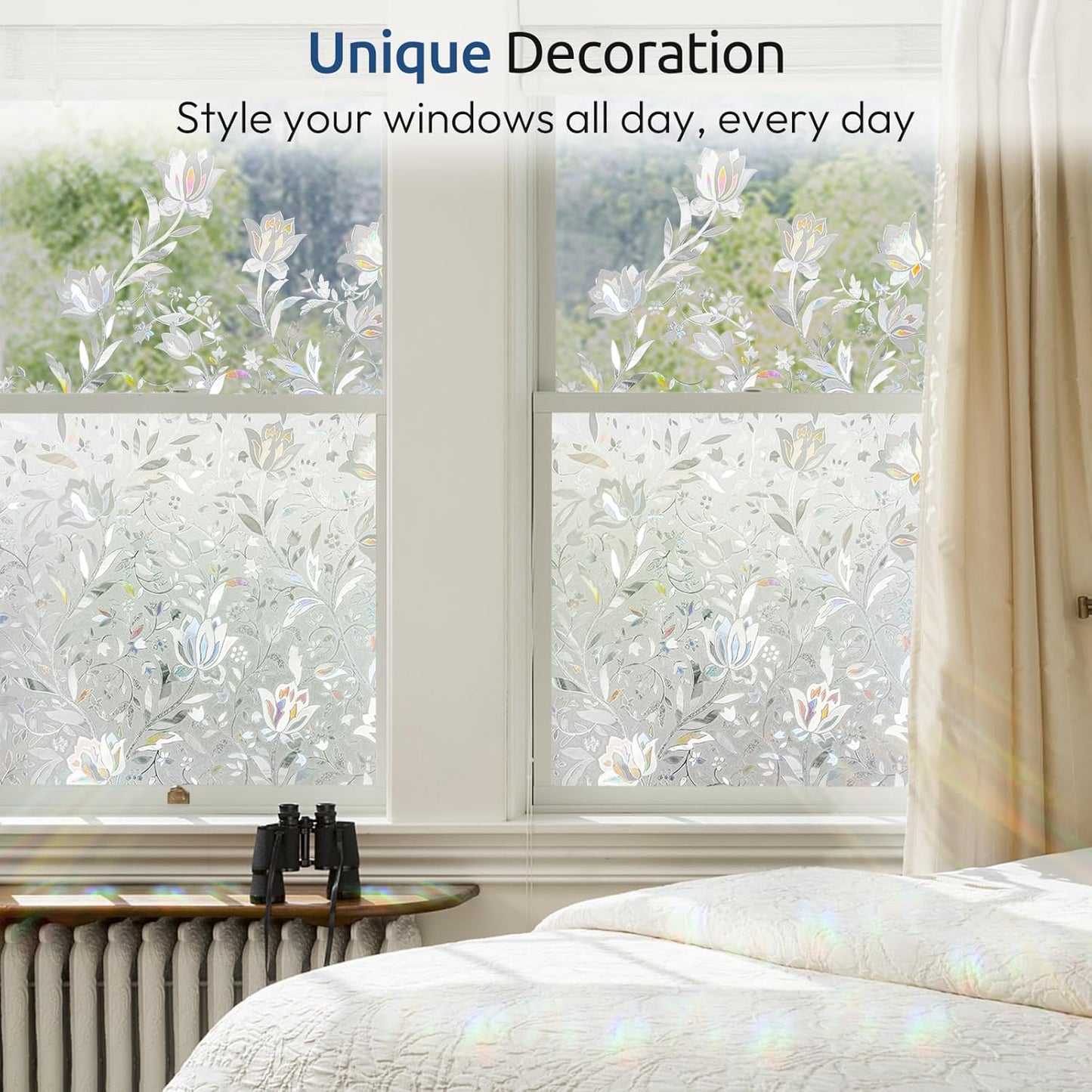 rabbitgoo Window Privacy Film, Decorative Stained Glass Window Film, Sun Blocking Glass Clings, Renter-Friendly Static Cling Frosted Sticker Covering for Home Door, Rainbow Tulip 17.5" X 78.7"