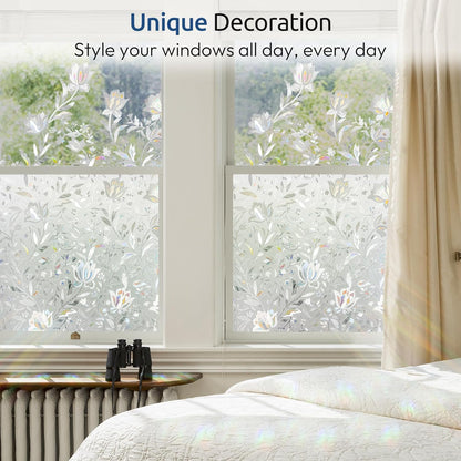 rabbitgoo Window Privacy Film, Decorative Stained Glass Window Film, Sun Blocking Glass Clings, Renter-Friendly Static Cling Frosted Sticker Covering for Home Door, Rainbow Tulip 17.5" X 78.7"