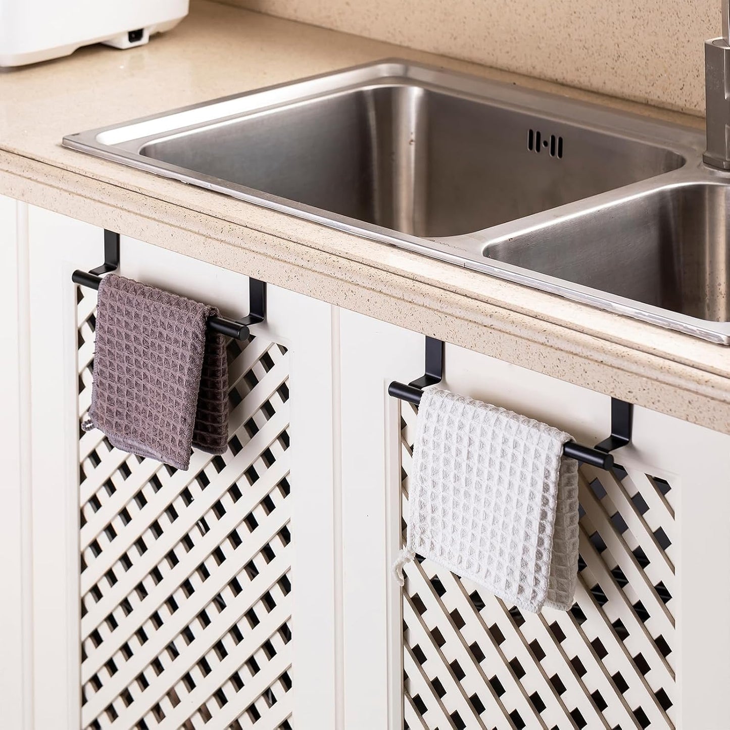 Cabinet Door Towel Bar, Kitchen Towel Holder, Matte Black 2 Pack | Extended Anti-Slip Arm, EVA Scratch Guard Pads, No-Drill Install, Stainless Steel Dish Towel Holder, Kitchen Towel Rack