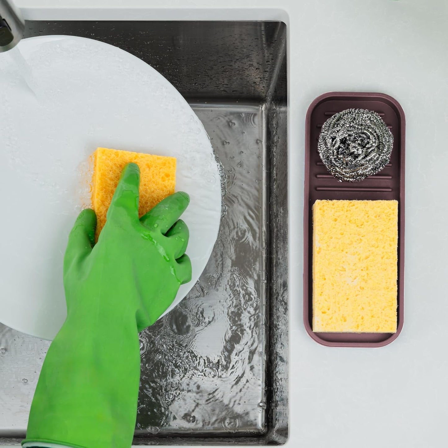Zulay Kitchen (9x3.5in) Sponge Holder for Kitchen Sink - Flexible Heavy-Duty Multipurpose Sink Caddy - Counter Organizer for Kitchen, Bathroom, Makeup, Trinkets & More! (Grey)