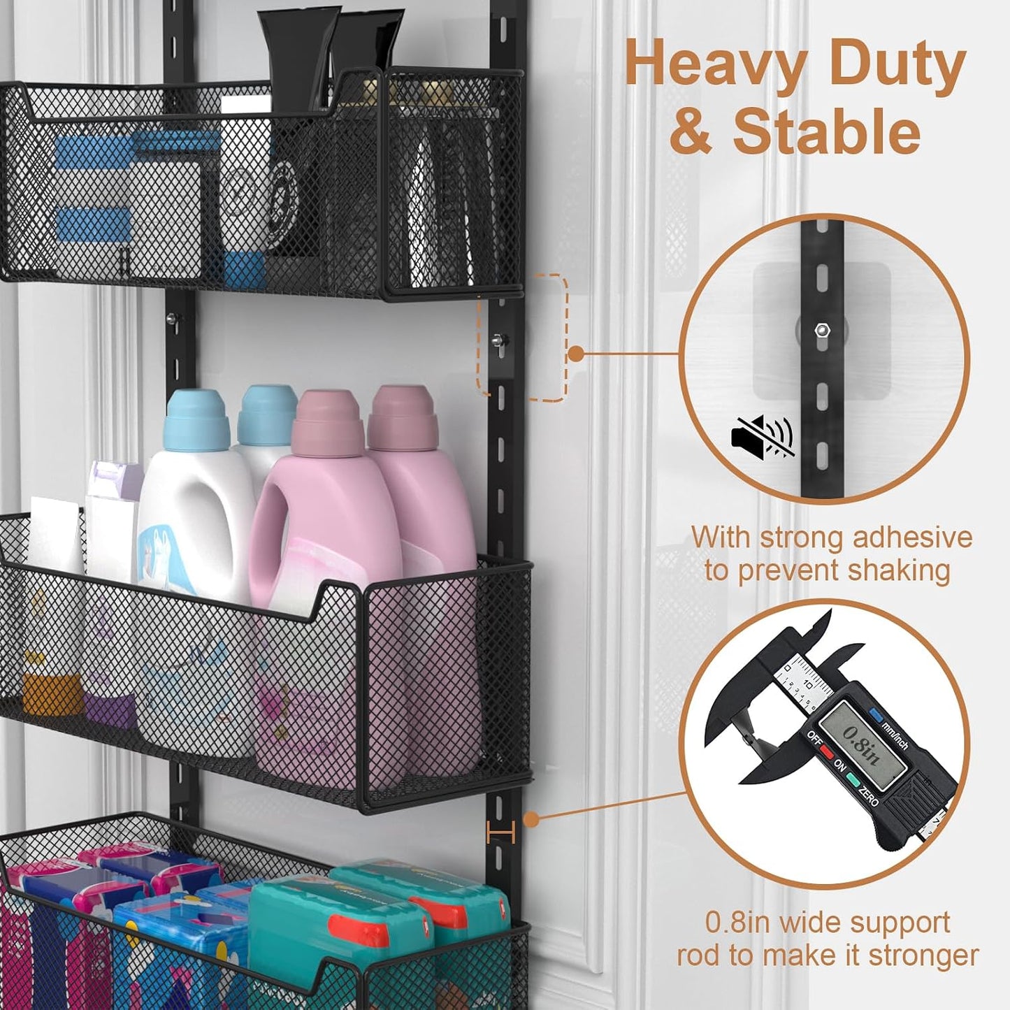 VyGrow Over The Door Organizer, Metal Door Organizer Hanging with 5 Adjustable Baskets and Coat Hook, Behind The Door Storage for Bedroom Closet Bathroom Pantry Cabinet Kitchen, Black