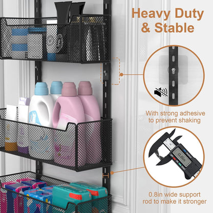 VyGrow Over The Door Organizer, Metal Door Organizer Hanging with 5 Adjustable Baskets and Coat Hook, Behind The Door Storage for Bedroom Closet Bathroom Pantry Cabinet Kitchen, Black