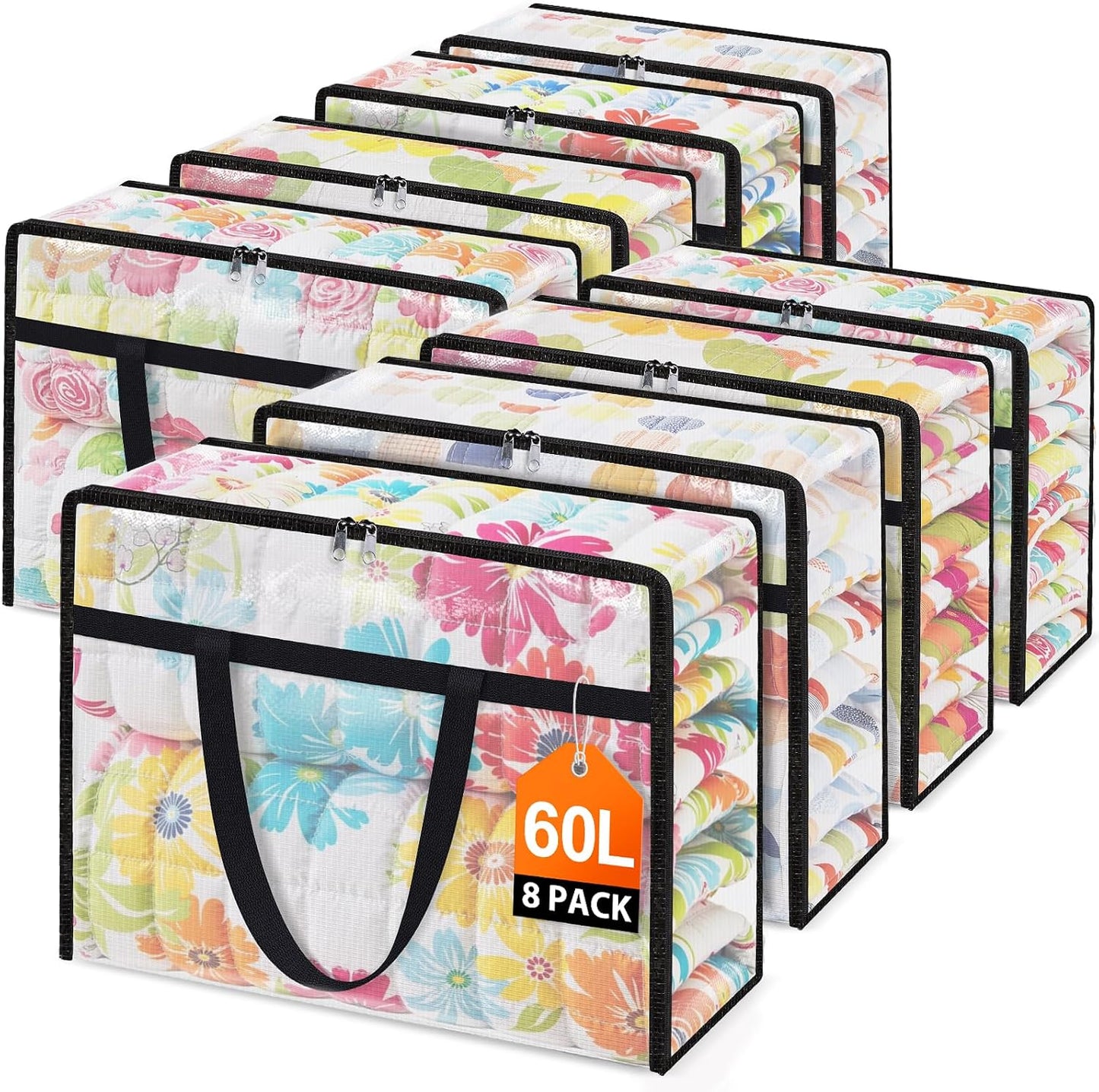 4 Packs Clear Under Bed Storage Containers - 60 L Large Capacity Clothes Storage Bags with Lid & Sturdy Handles, Foldable Moving Bags, Clothing Organizer Totes for Bedding, Comforter, Sheet