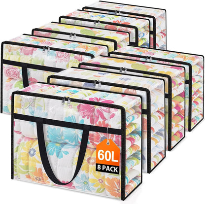 4 Packs Clear Under Bed Storage Containers - 60 L Large Capacity Clothes Storage Bags with Lid & Sturdy Handles, Foldable Moving Bags, Clothing Organizer Totes for Bedding, Comforter, Sheet