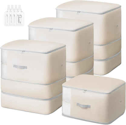Comforter Storage Bag - Large Capacity Blanket Storage Bags 3-Layer Ultra Space Saving Self Compression Organizer, Washable Compression Bags for Storage Comforter Blanket, 2-Pack, Beige