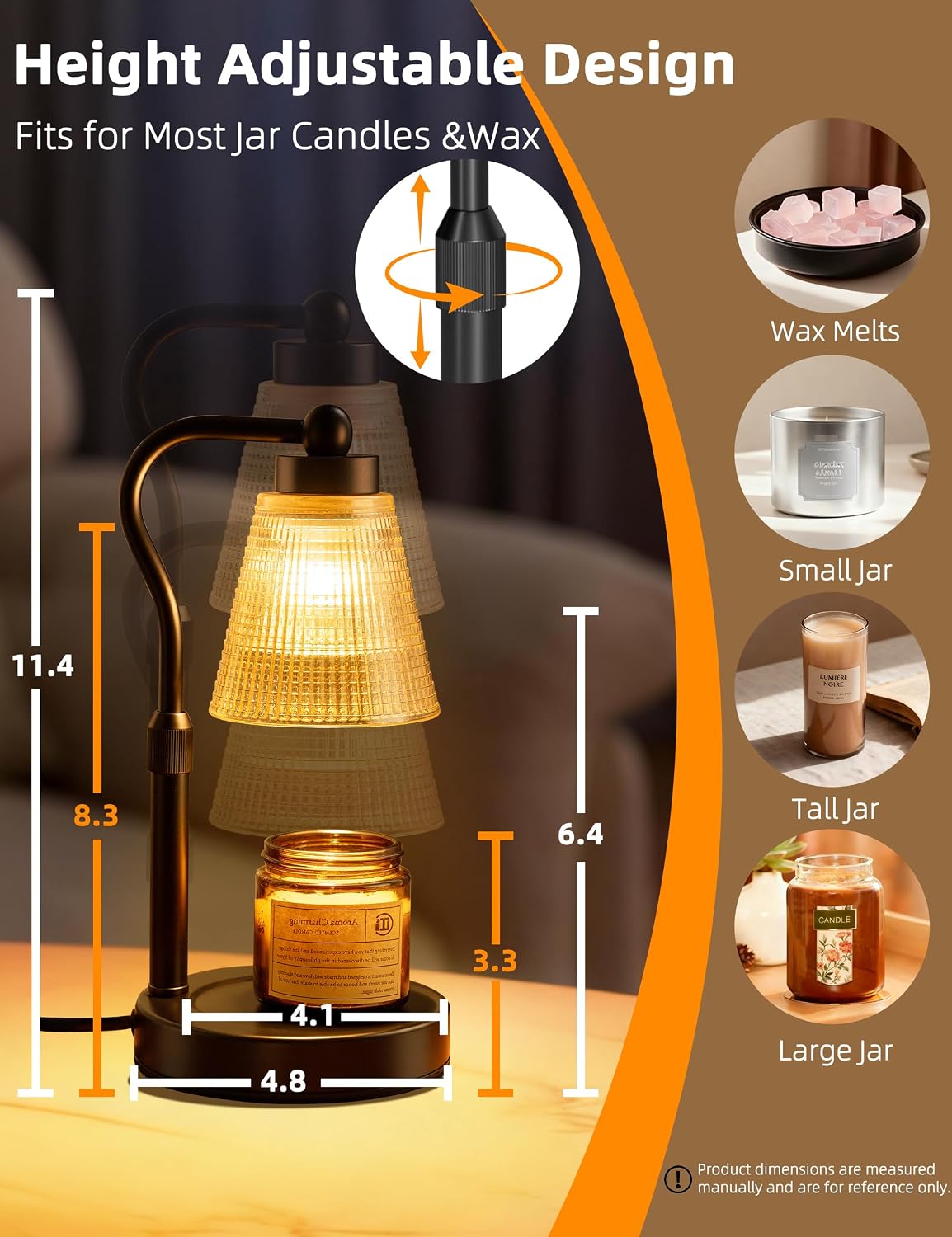 Candle Warmer Lamp for Jar Candles, Height Adjustable & Dimmable with 2/4/8H Timer, 2*50W Halogen Wax Melter Warmer for Home Office Décor, Flameless & Smokeless, Gift for Women Mom, Black-Clear/1 Pack