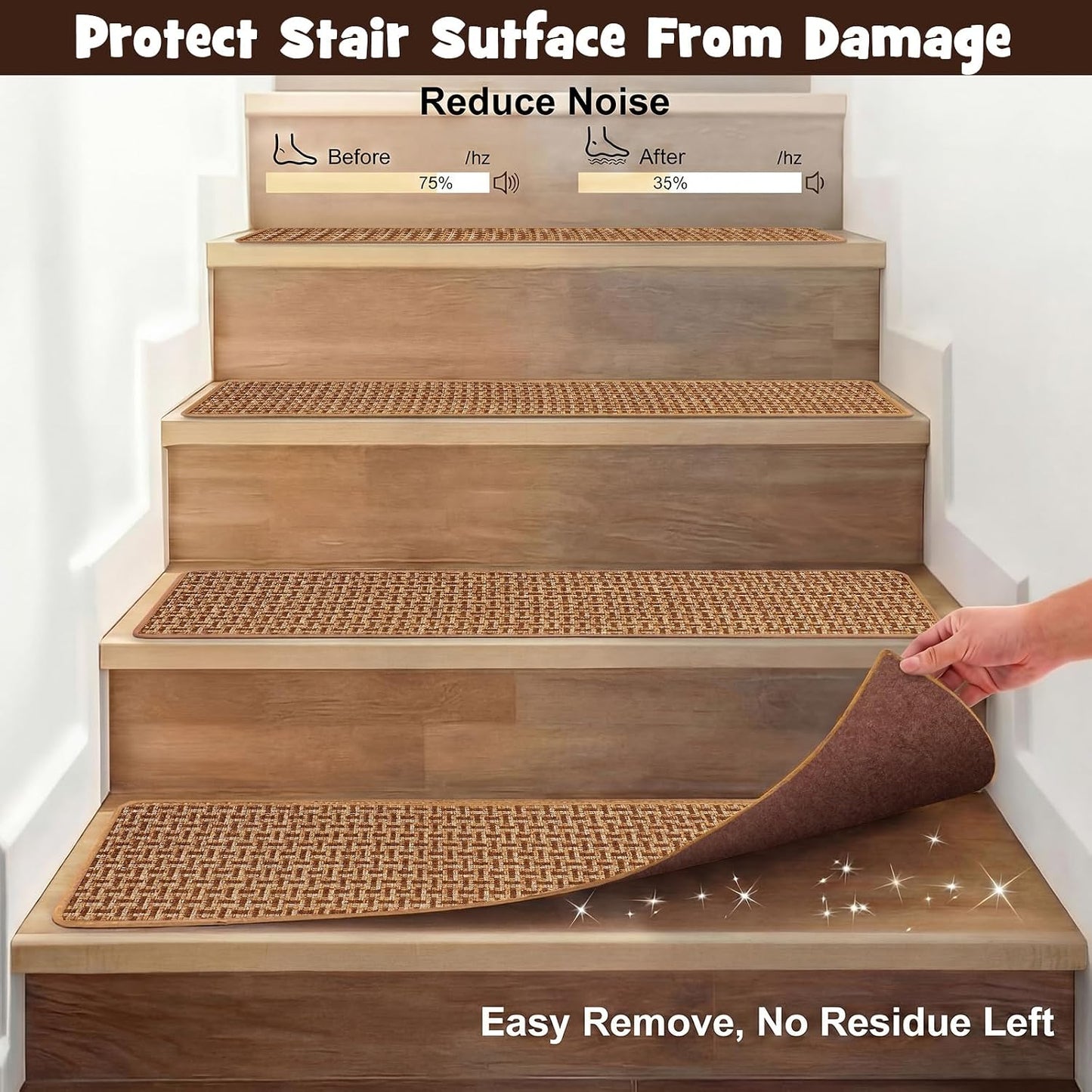 Dunzy 15 Pack Neutral Stair Treads for Wooden Step Self-adhesive Woven Stair Treads Indoor 8x30'' Non-slip Step Carpet Machine Washable Runner Safety Rug Mat for Carpet Elders Pets(Black Coffee Color)