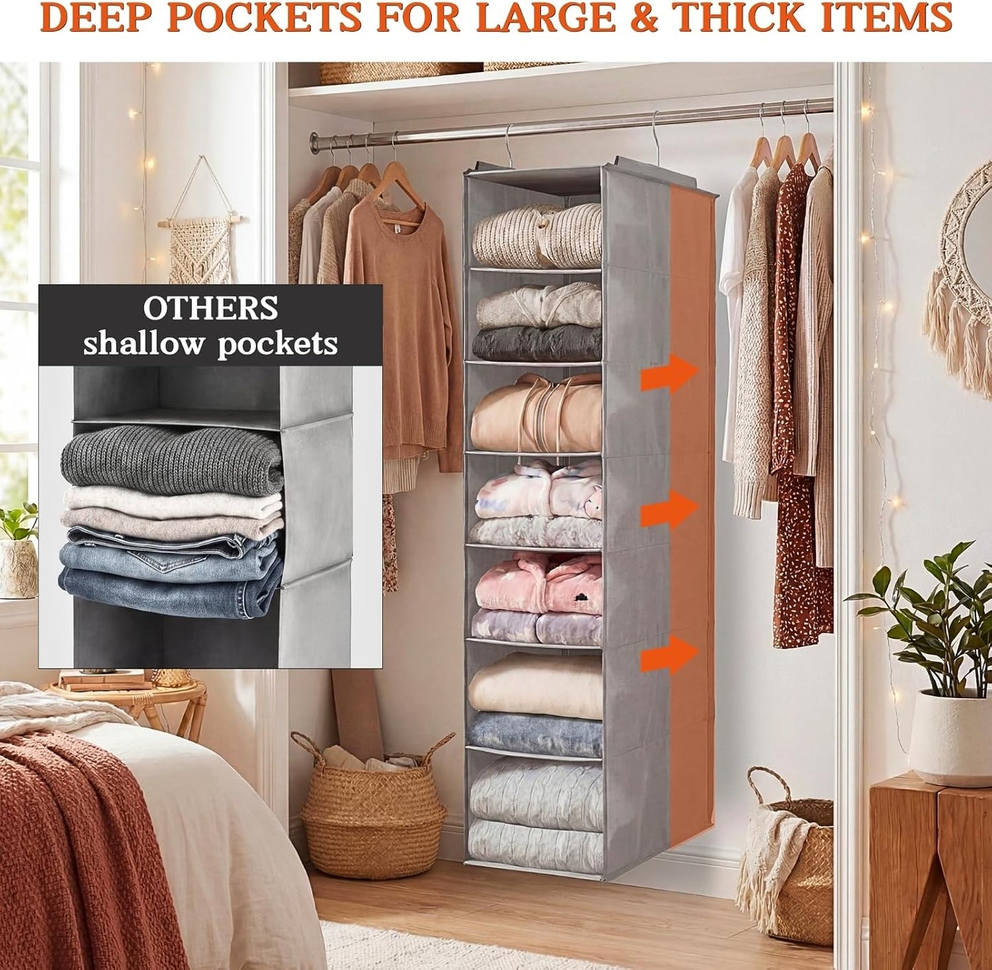 Hanging Shoe Organizer for Closet, 8 Tier Extra Wide Closet Shoe Organizer | Adjustable Shelf Height for Boots and Shoes, Heavy Duty Hanging Shoe Rack for Closet Rod, Space-Saving Shoe Storage Organizer