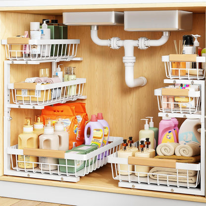 PXRACK Under Sink Organizer, 3-Tier 2-Pack Adjustable Height Pull Out Under Cabinet Organizer, Slide Out Thickened Metal Under Sink Storage for Kitchen Bathroom Laundry Pantry Organization, Black