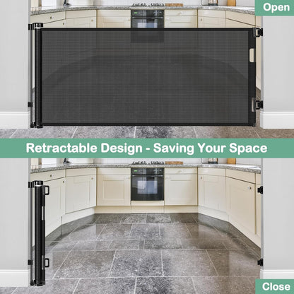 55 Inch Retractable Dog Gate Outdoor Scratch-Resistant Mesh Baby Gate for Stairs Retractable Baby Gates for Doorways Anti-Climb Outdoor Dog Gates for Decks Keep Kid/Pet away from Dangerous Place, Gray
