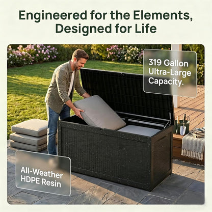 MAKINO 152 Gallon Resin Outdoor Storage Box, Waterproof Deck Box with Lockable Lid, Outside Storage Box for Patio Furniture, Pool Accessories, Garden Tools, Storage Bench for Backyard, Porch, Black