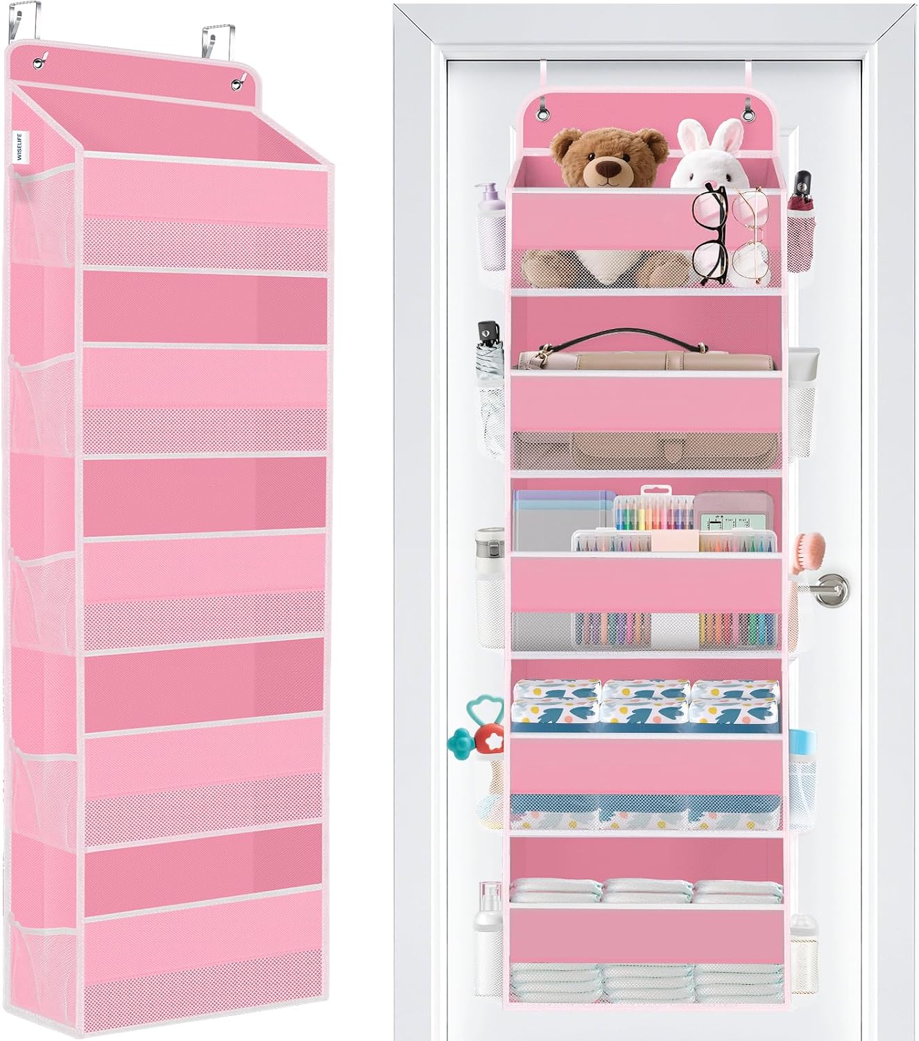 WISELIFE Over The Door Organizer Storage 4 Shelves Large Capacity Hanging Bedroom Storage Solution with 6 Side Pockets for Dorm Bathroom Pantry Nursery and Baby Essentials Holds up to 40 Lbs (Black)