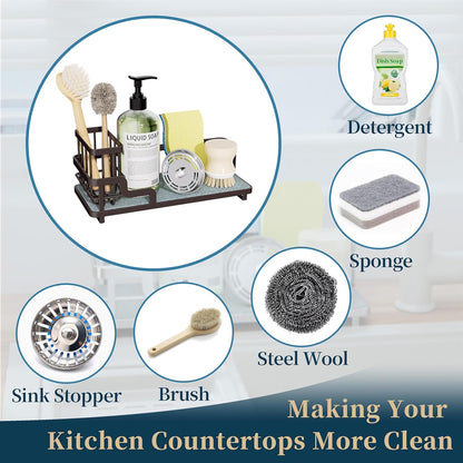 Consumest Sponge Holder for Kitchen Sink - Sink Caddy Organizer with Water Absorbing Stone Tray, Detachable Brush Holder, Stainless Steel Kitchen Counter Organizer Rack, Black
