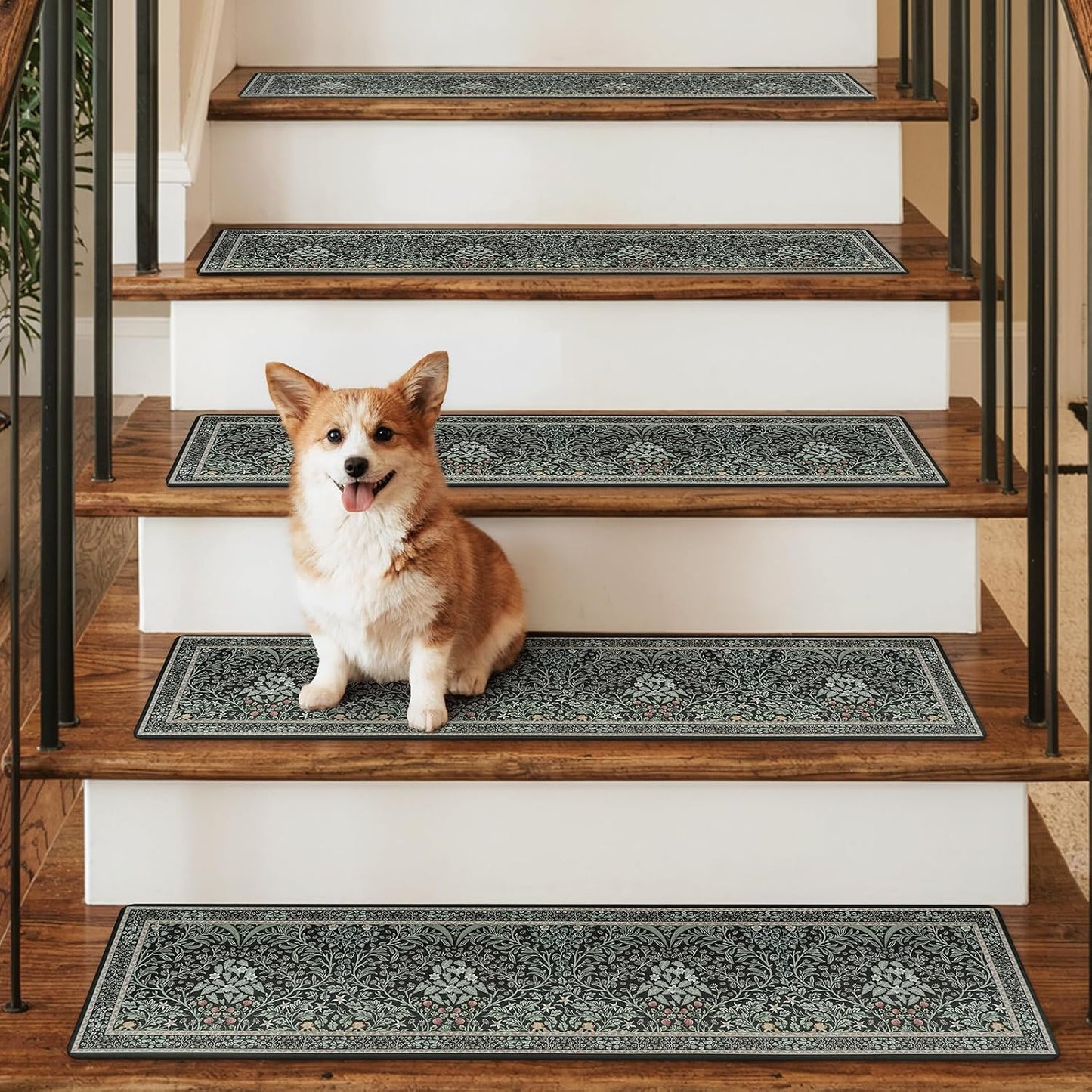 OJIA Floral Stair Treads Non-Slip Stair Runner for Wooden Steps Indoor 15PCS 30"x8" Carpet Stair Treads Stair Mats Staircase Step Treads for Kids, Elders and Dogs, Stair Covers, Black