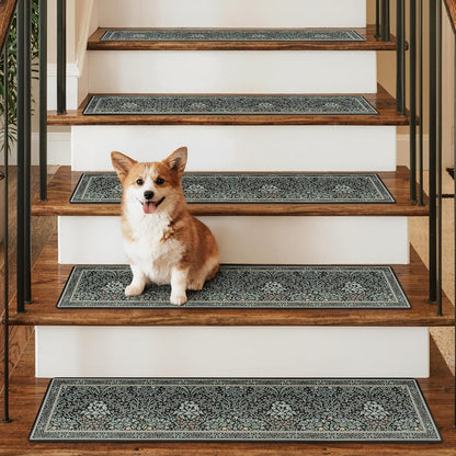 OJIA Floral Stair Treads Non-Slip Stair Runner for Wooden Steps Indoor 15PCS 30"x8" Carpet Stair Treads Stair Mats Staircase Step Treads for Kids, Elders and Dogs, Stair Covers, Black